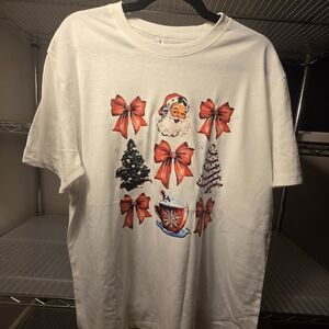 Festive White T-Shirt with Santa and Bows